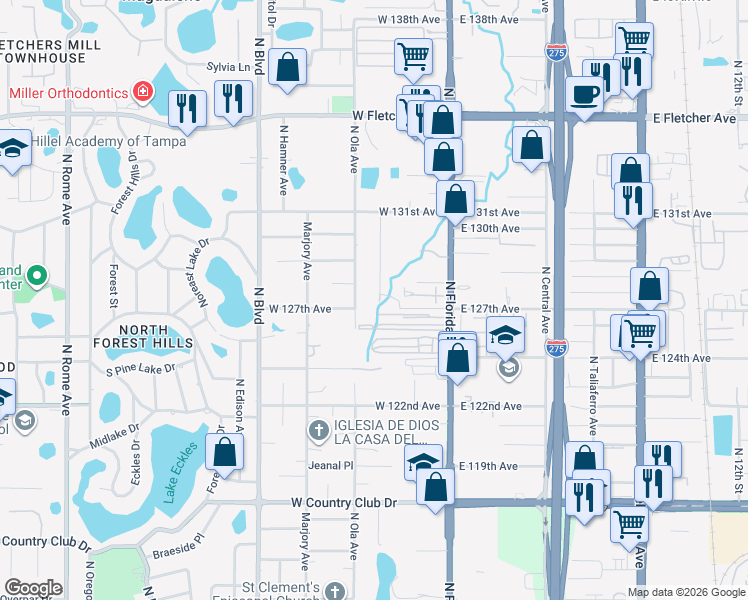 map of restaurants, bars, coffee shops, grocery stores, and more near 12704 Linda Drive in Tampa