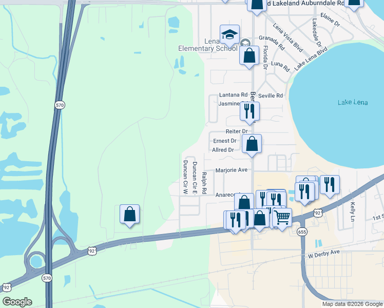 map of restaurants, bars, coffee shops, grocery stores, and more near 607 Duncan Circle East in Auburndale