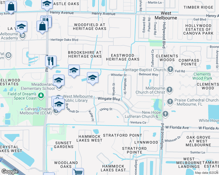 map of restaurants, bars, coffee shops, grocery stores, and more near 2740 Whistler Street in Melbourne