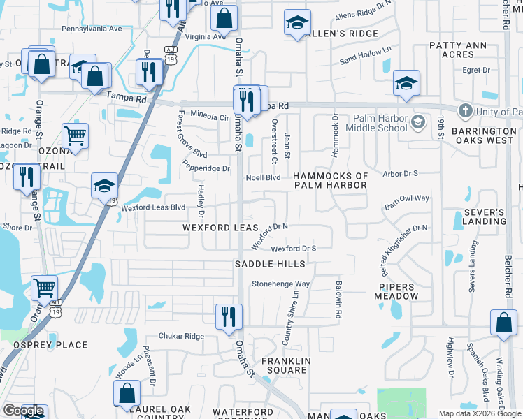 map of restaurants, bars, coffee shops, grocery stores, and more near 50 Pembrook Circle in Palm Harbor