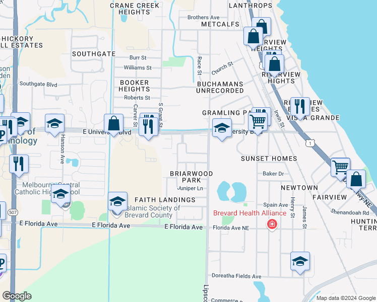 map of restaurants, bars, coffee shops, grocery stores, and more near 816 Juanita Circle in Melbourne