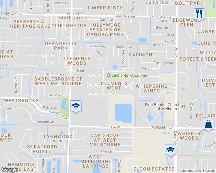 map of restaurants, bars, coffee shops, grocery stores, and more near 743 John Carroll Lane in West Melbourne