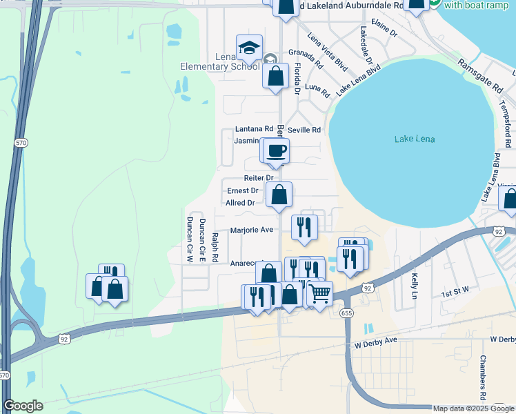 map of restaurants, bars, coffee shops, grocery stores, and more near 3010 Donovan Drive in Auburndale
