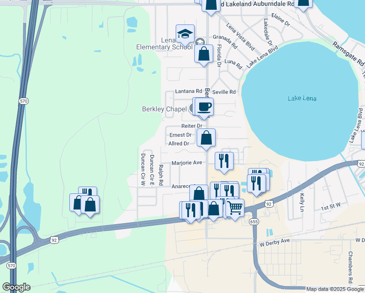 map of restaurants, bars, coffee shops, grocery stores, and more near 3010 Donovan Drive in Auburndale