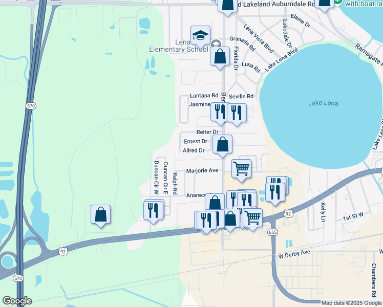 map of restaurants, bars, coffee shops, grocery stores, and more near 105 Tropical Circle in Auburndale