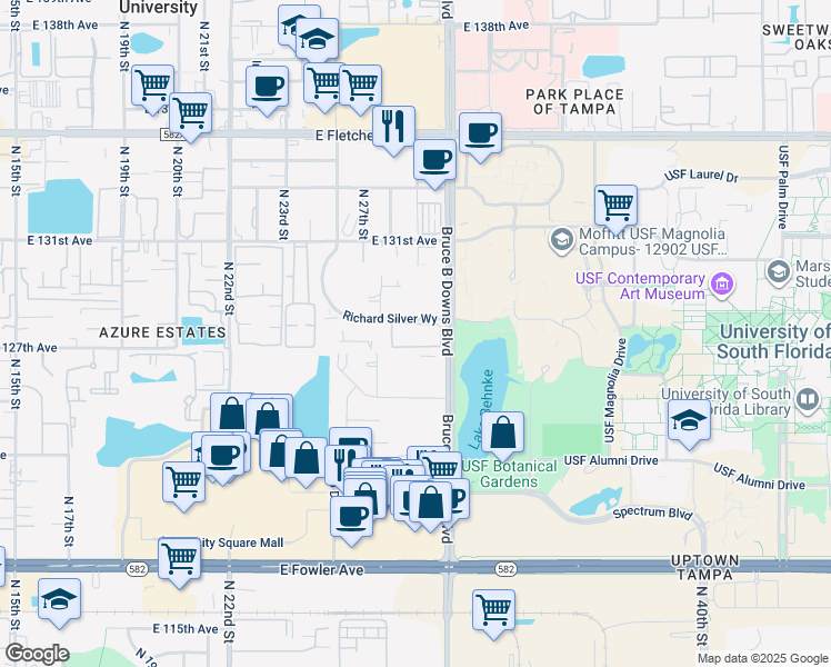 map of restaurants, bars, coffee shops, grocery stores, and more near 12702 County Road 581 in Tampa