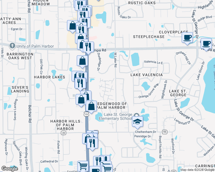 map of restaurants, bars, coffee shops, grocery stores, and more near 2708 11th Court in Palm Harbor
