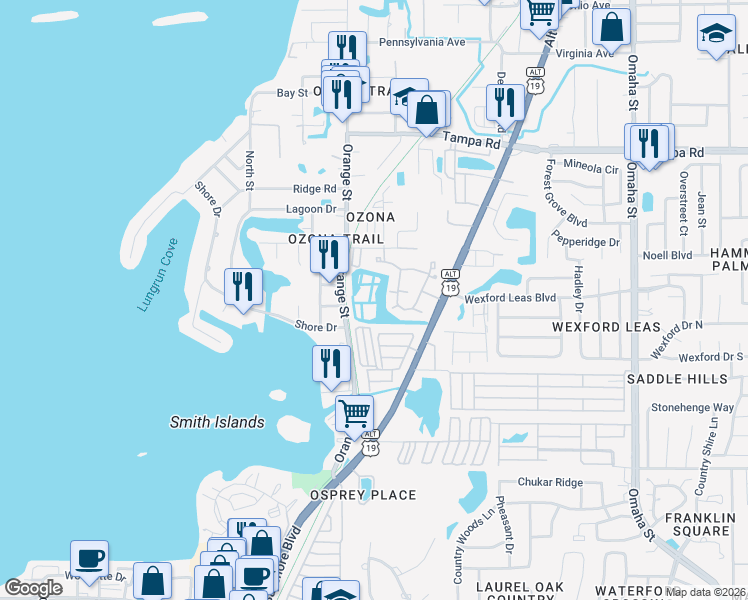 map of restaurants, bars, coffee shops, grocery stores, and more near 455 U.S. 19 Alt in Palm Harbor