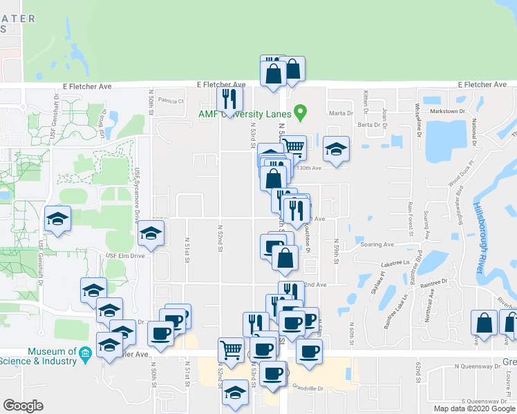 map of restaurants, bars, coffee shops, grocery stores, and more near 12703 North 53rd Street in Tampa