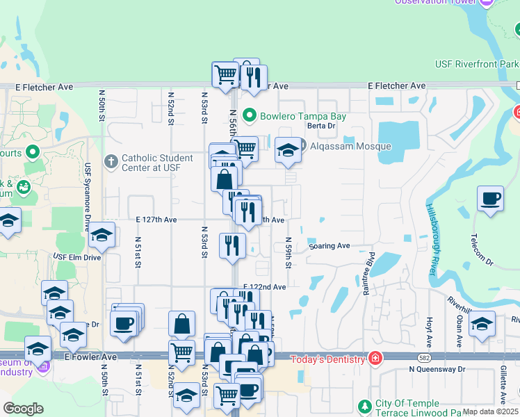 map of restaurants, bars, coffee shops, grocery stores, and more near 12780 North 57th Street in Tampa
