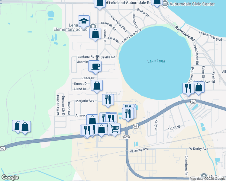 map of restaurants, bars, coffee shops, grocery stores, and more near 2238 Bordeau Court in Auburndale