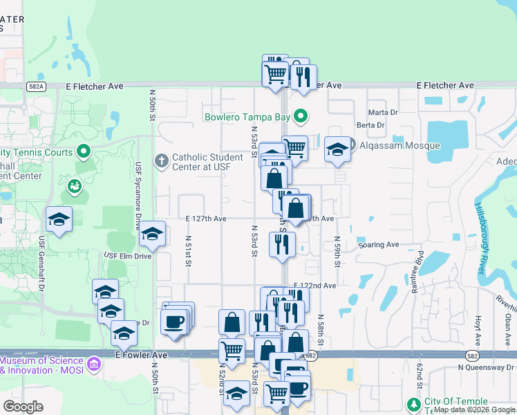 map of restaurants, bars, coffee shops, grocery stores, and more near 12703 North 53rd Street in Tampa