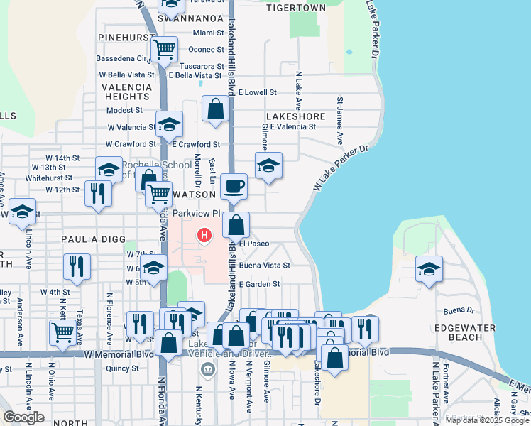 map of restaurants, bars, coffee shops, grocery stores, and more near 1027 Gilmore Avenue in Lakeland