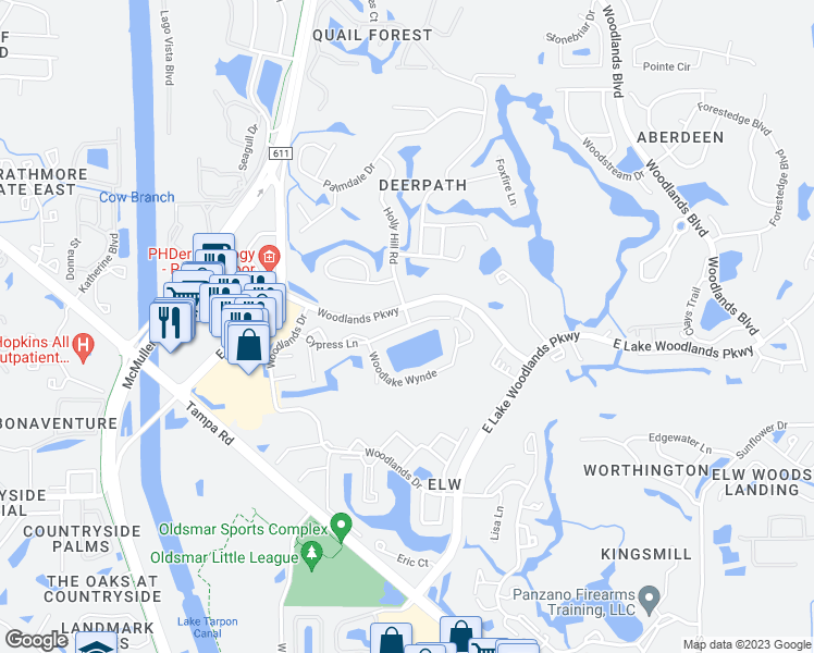map of restaurants, bars, coffee shops, grocery stores, and more near 180 Cypress Lane in Oldsmar