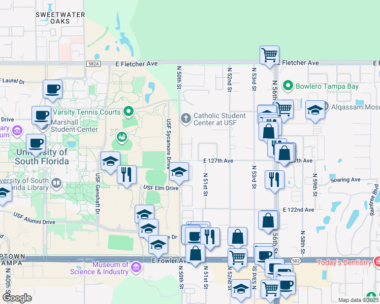 map of restaurants, bars, coffee shops, grocery stores, and more near 5035 Bordeaux Village Place in Tampa