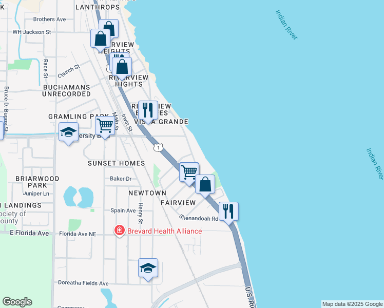map of restaurants, bars, coffee shops, grocery stores, and more near Riverview Drive in Brevard County