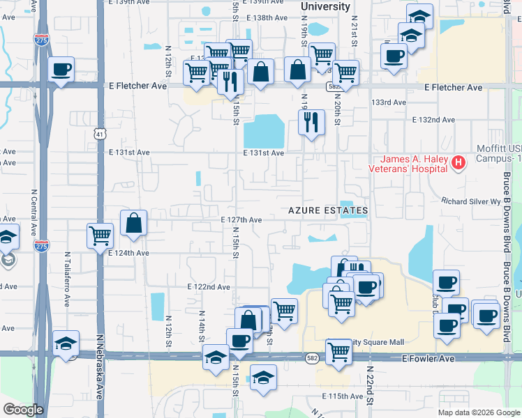 map of restaurants, bars, coffee shops, grocery stores, and more near 1514 East 127th Avenue in Tampa