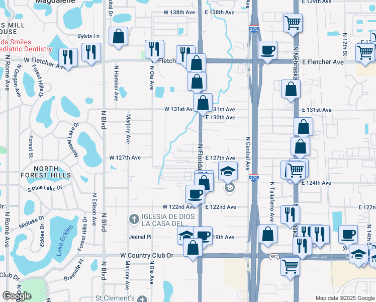 map of restaurants, bars, coffee shops, grocery stores, and more near 12428 North Florida Avenue in Tampa