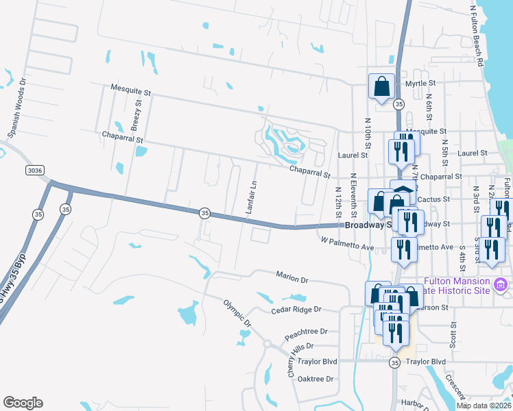 map of restaurants, bars, coffee shops, grocery stores, and more near 106 Lanfair Lane in Fulton