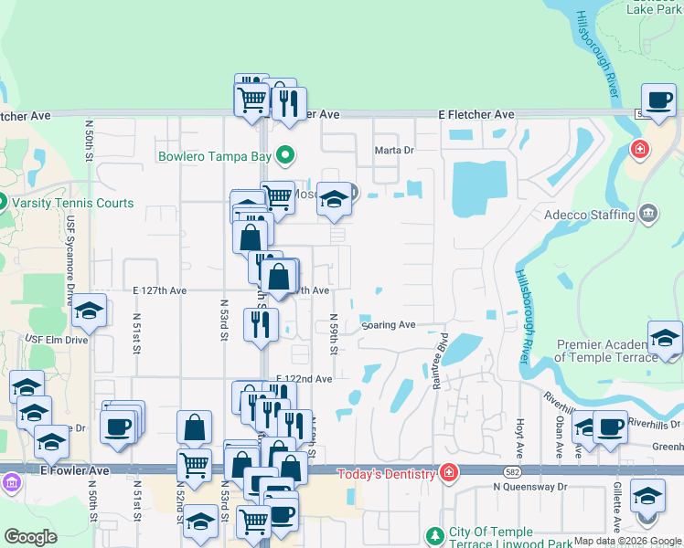 map of restaurants, bars, coffee shops, grocery stores, and more near 12725 Real Madrid Lane in Tampa