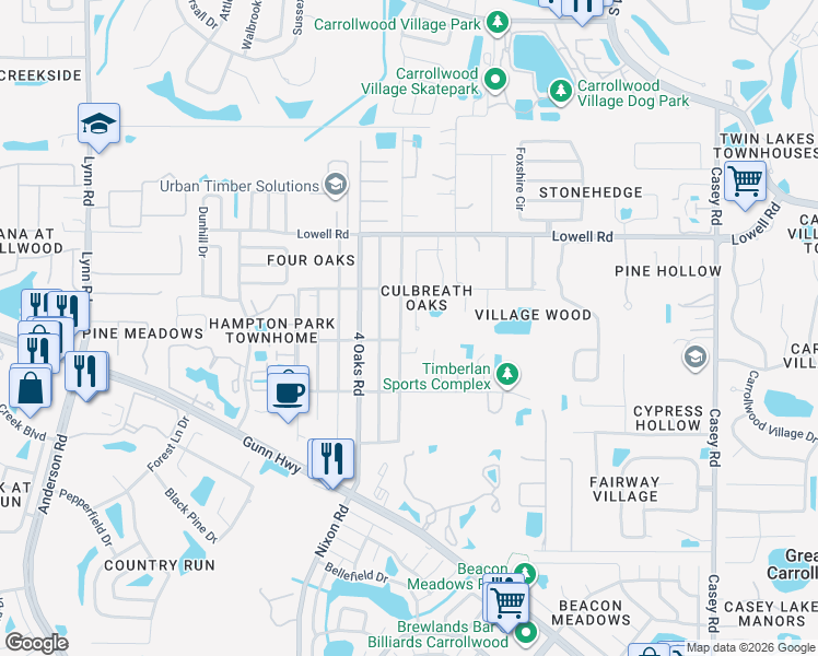 map of restaurants, bars, coffee shops, grocery stores, and more near 12804 Wallingford Drive in Tampa