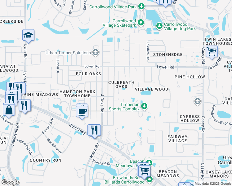 map of restaurants, bars, coffee shops, grocery stores, and more near 12804 Wallingford Drive in Tampa