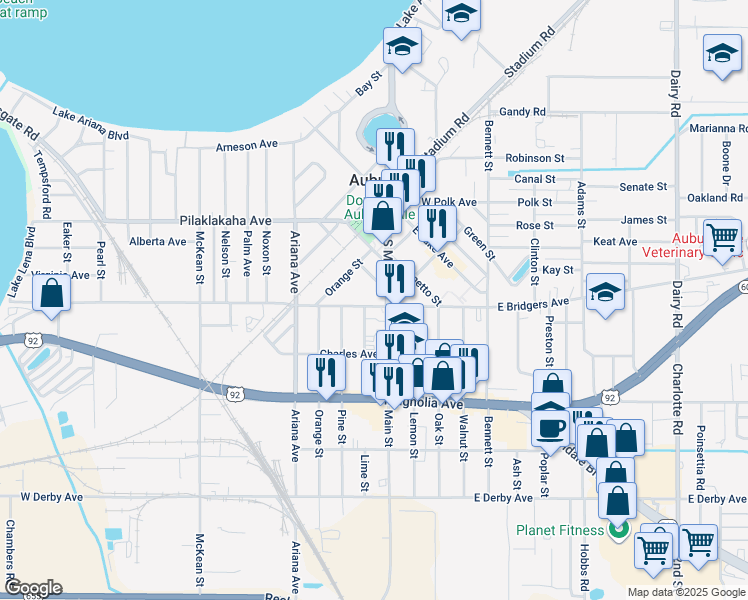 map of restaurants, bars, coffee shops, grocery stores, and more near 300 South Main Street in Auburndale