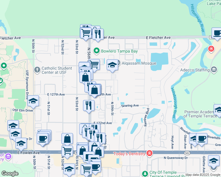 map of restaurants, bars, coffee shops, grocery stores, and more near 12701 English Hills Court in Tampa