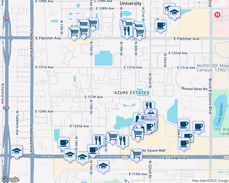 map of restaurants, bars, coffee shops, grocery stores, and more near 1702 East 127th Avenue in Tampa