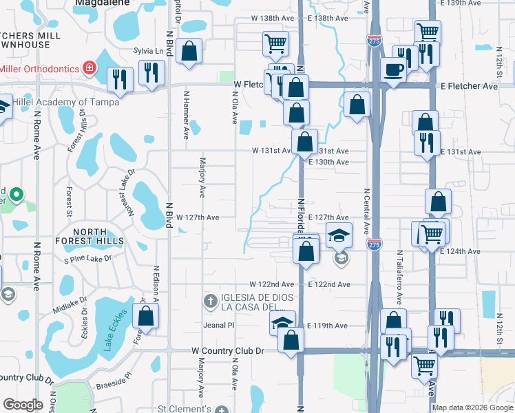 map of restaurants, bars, coffee shops, grocery stores, and more near 12704 Linda Drive in Tampa