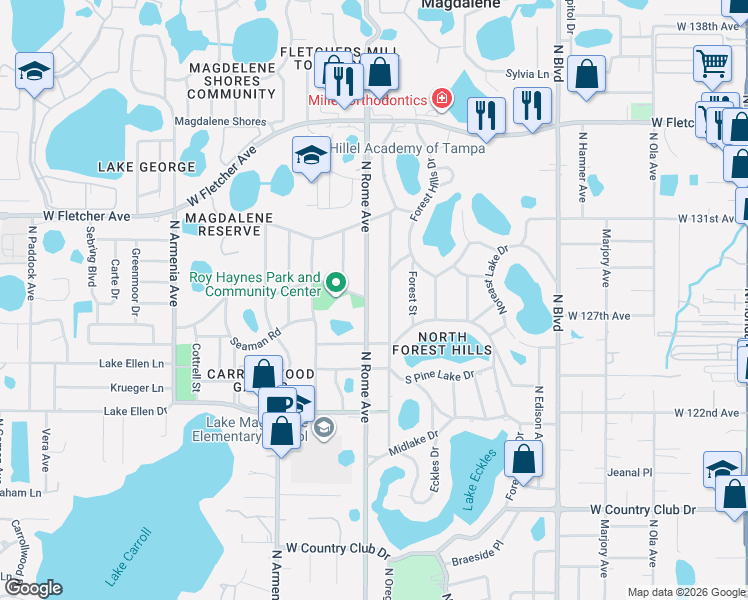 map of restaurants, bars, coffee shops, grocery stores, and more near 12410 North Rome Avenue in Tampa