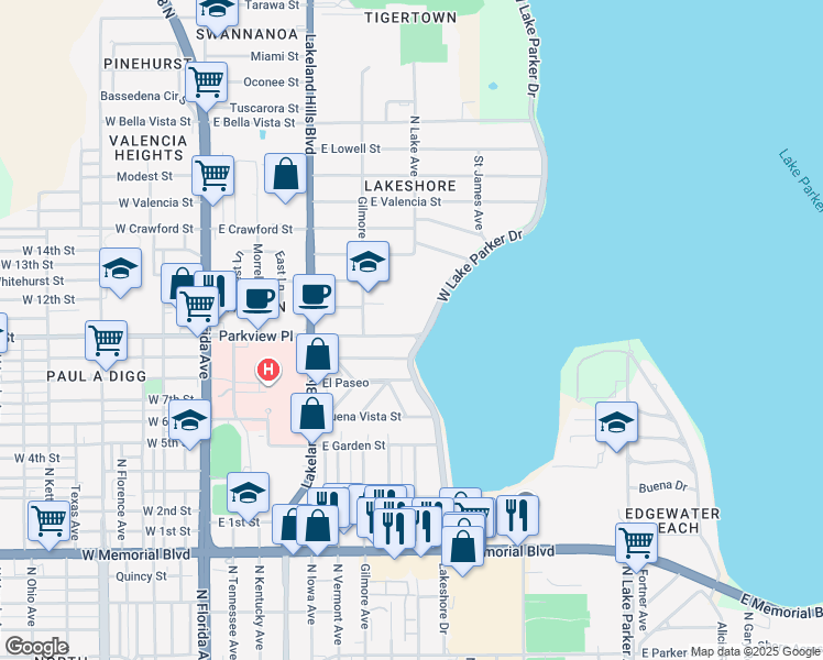 map of restaurants, bars, coffee shops, grocery stores, and more near 1330 West Lake Parker Drive in Lakeland