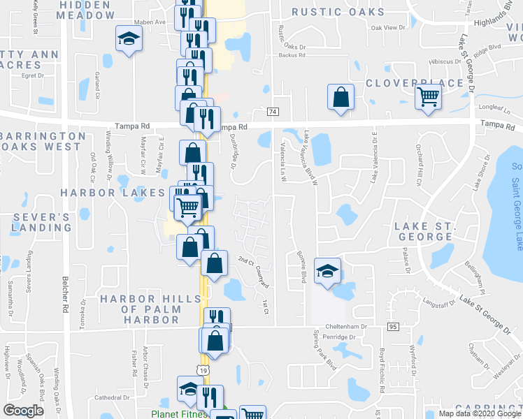 map of restaurants, bars, coffee shops, grocery stores, and more near 2718 14th Court in Palm Harbor