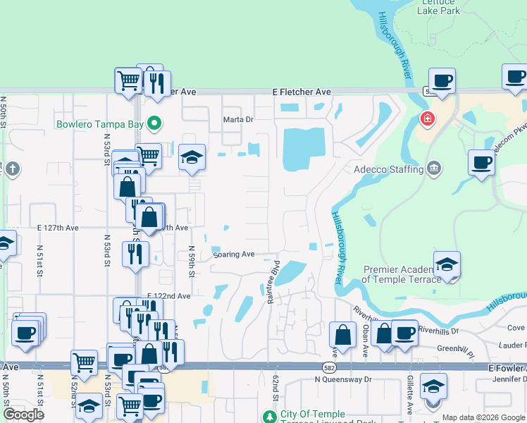 map of restaurants, bars, coffee shops, grocery stores, and more near 12506 Rain Forest Street in Tampa