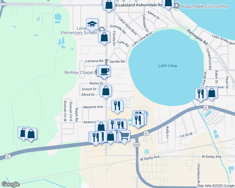 map of restaurants, bars, coffee shops, grocery stores, and more near 2232 Bordeau Court in Auburndale