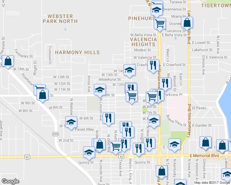 map of restaurants, bars, coffee shops, grocery stores, and more near 611 West 9th Street in Lakeland