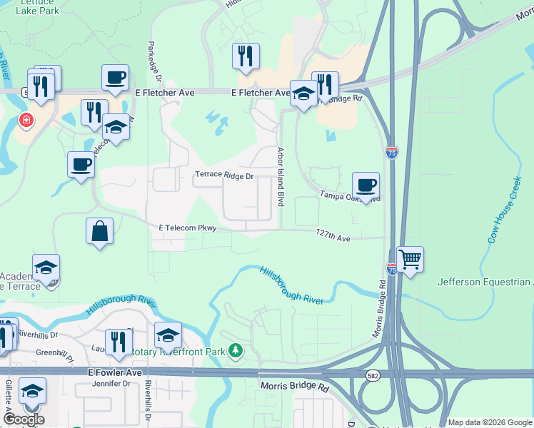 map of restaurants, bars, coffee shops, grocery stores, and more near 13028 Terrace Spring Drive in Temple Terrace