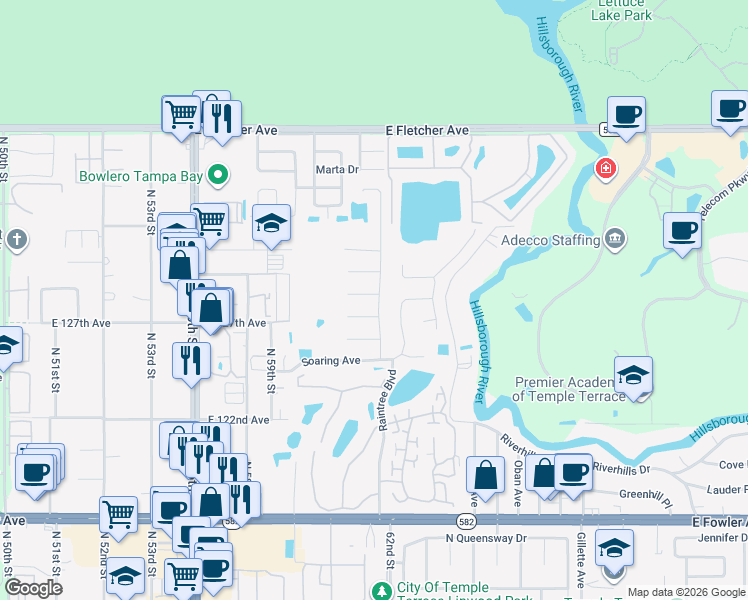 map of restaurants, bars, coffee shops, grocery stores, and more near 12506 Rain Forest Street in Tampa