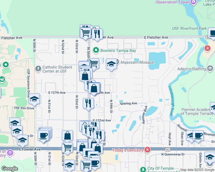 map of restaurants, bars, coffee shops, grocery stores, and more near 12701 English Hills Court in Tampa