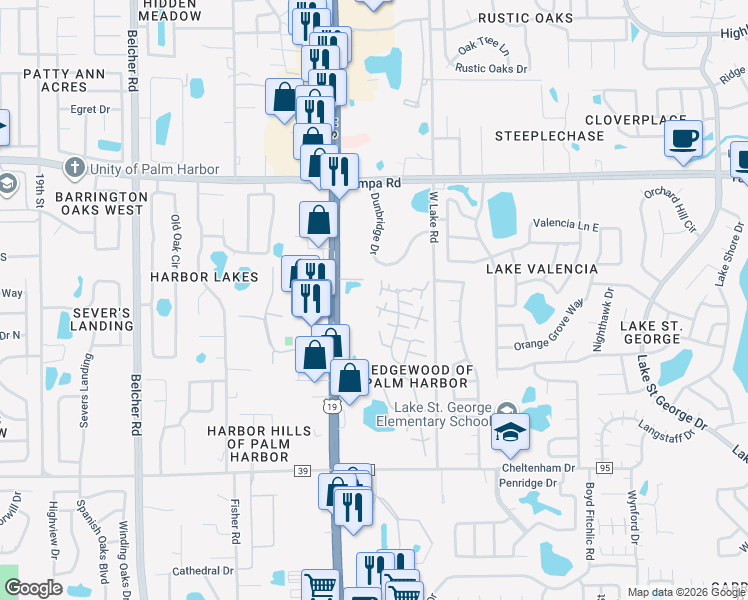 map of restaurants, bars, coffee shops, grocery stores, and more near 2614 10th Court in Palm Harbor