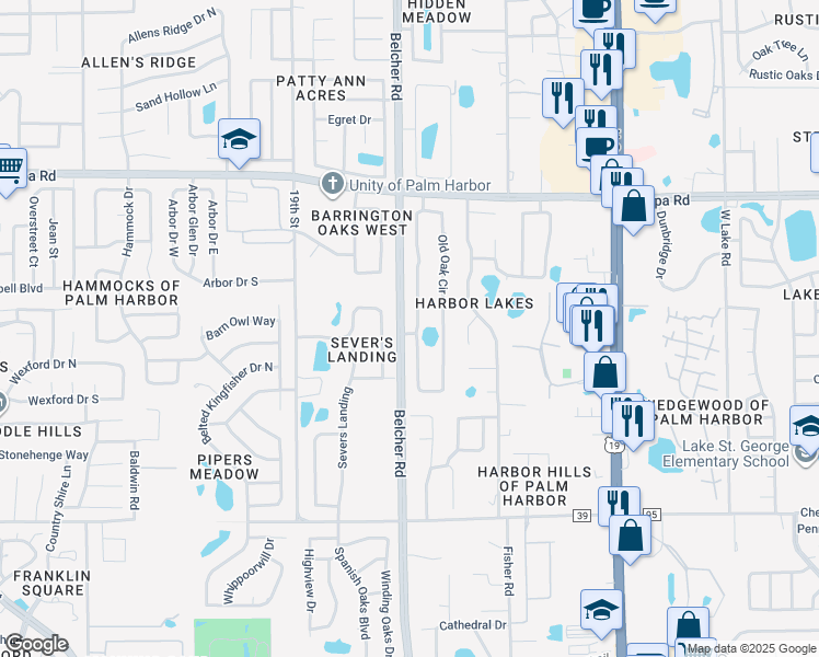 map of restaurants, bars, coffee shops, grocery stores, and more near 2089 Swan Lane in Palm Harbor