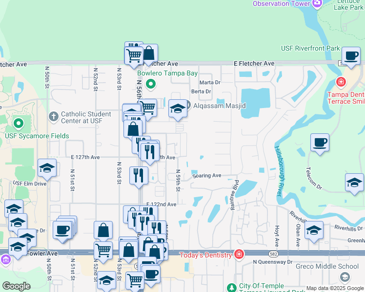 map of restaurants, bars, coffee shops, grocery stores, and more near 12731 Real Madrid Lane in Tampa