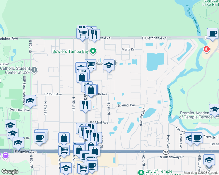 map of restaurants, bars, coffee shops, grocery stores, and more near 12701 English Hills Court in Tampa
