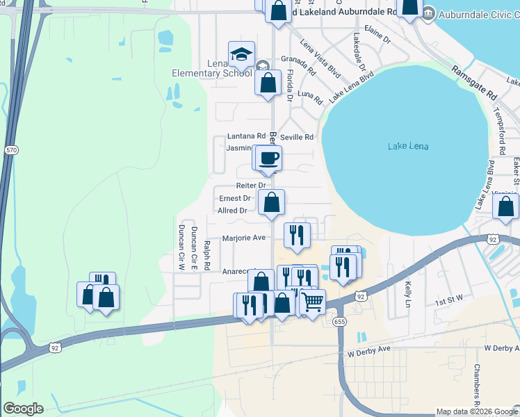 map of restaurants, bars, coffee shops, grocery stores, and more near 3010 Donovan Drive in Auburndale