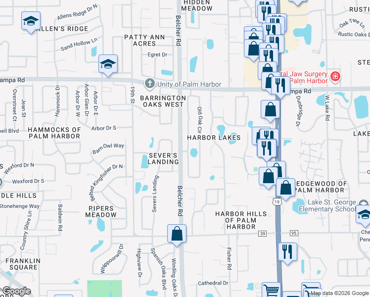 map of restaurants, bars, coffee shops, grocery stores, and more near 2089 Swan Lane in Palm Harbor