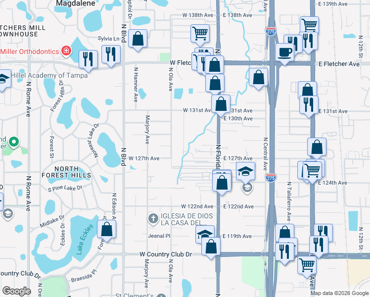 map of restaurants, bars, coffee shops, grocery stores, and more near 12707 Linda Drive in Tampa