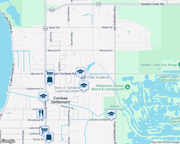 map of restaurants, bars, coffee shops, grocery stores, and more near 1426 Ridge Lake Court in Lakeland