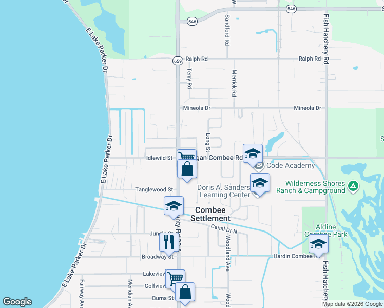 map of restaurants, bars, coffee shops, grocery stores, and more near 1435 North Combee Road in Lakeland