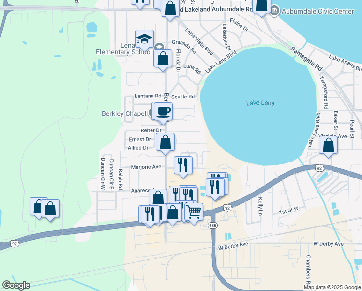 map of restaurants, bars, coffee shops, grocery stores, and more near 2223 Leo Drive in Auburndale