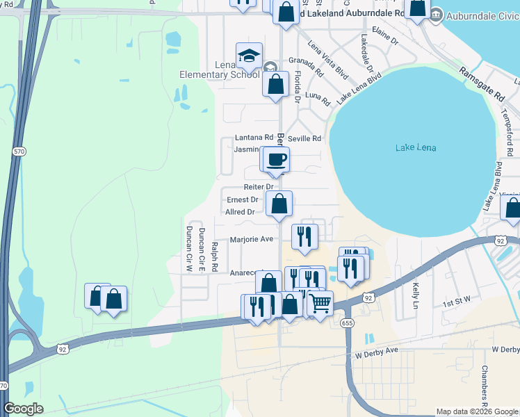 map of restaurants, bars, coffee shops, grocery stores, and more near 3011 Ernest Drive in Auburndale